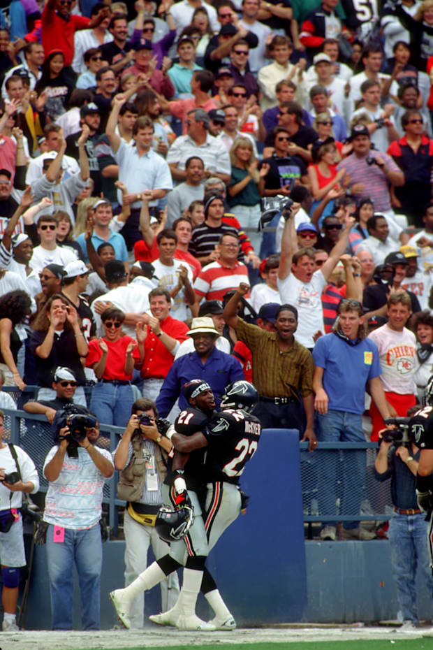 Unknown date; Atlanta, GA, USA; FILE PHOTO; Atlanta Falcons defensive backs Tim McKyer (22) and Deion Sanders (21) in the end