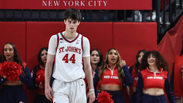 Nov 9, 2024; Queens, New York, USA;  St. John's basketball forward Brady Dunlap (44) at Carnesecca Arena. 