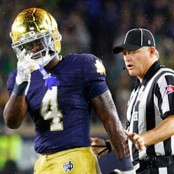 Notre Dame running back Jeremiyah Love (4) celebrates after getting a first down in the second half of a NCAA football game against Southern California at Notre Dame Stadium on Saturday, Oct. 18, 2025, in South Bend.