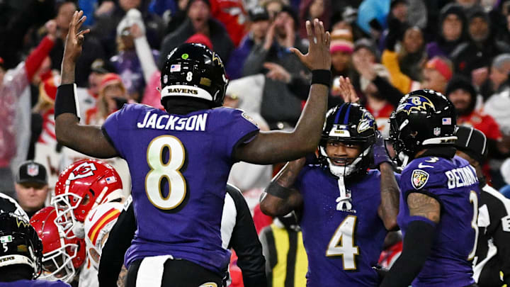 Baltimore Ravens quarterback Lamar Jackson (8) reacts after wide receiver Zay Flowers (4) fumbled for a turnover against the Kansas City Chiefs during the second half in the AFC Championship football game at M&T Bank Stadium. 