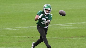 Jun 10, 2025; East Rutherford, NJ, USA; New York Jets wide receiver Xavier Gipson (3) participates in a drill during minicamp at Atlantic Health Jets Training Center. Mandatory Credit: John Jones-Imagn Images
