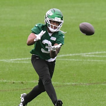 Jun 10, 2025; East Rutherford, NJ, USA; New York Jets wide receiver Xavier Gipson (3) participates in a drill during minicamp at Atlantic Health Jets Training Center. Mandatory Credit: John Jones-Imagn Images