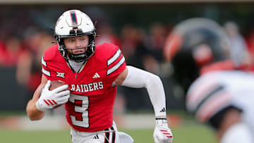 Texas Tech's Coy Eakin runs after a catch against Oklahoma State in a Big 12 football game Saturday, Oct. 25, 2025, at Jones AT&T Stadium.