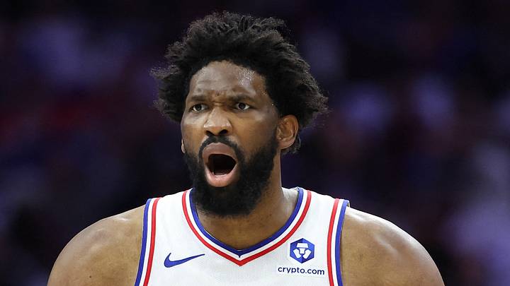 Philadelphia 76ers center Joel Embiid (21) reacts to a play against the New York Knicks during the 2026 NBA Playoffs on May 8, 2026.
