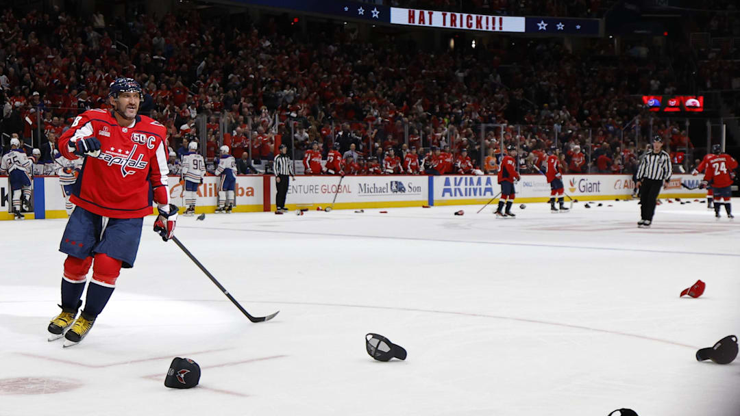 Feb 23, 2025; Washington, District of Columbia, USA; Washington Capitals left wing Alex Ovechkin (8) celebrates after scoring a hat trick goal against the Edmonton Oilers in the third period at Capital One Arena. Mandatory Credit: Geoff Burke-Imagn Images