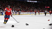 Feb 23, 2025; Washington, District of Columbia, USA; Washington Capitals left wing Alex Ovechkin (8) celebrates after scoring a hat trick goal against the Edmonton Oilers in the third period at Capital One Arena. Mandatory Credit: Geoff Burke-Imagn Images