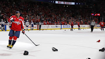 Feb 23, 2025; Washington, District of Columbia, USA; Washington Capitals left wing Alex Ovechkin (8) celebrates after scoring a hat trick goal against the Edmonton Oilers in the third period at Capital One Arena. Mandatory Credit: Geoff Burke-Imagn Images