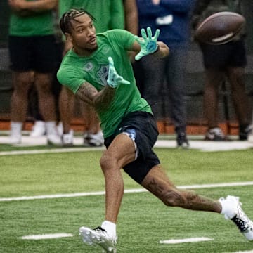 Oregon wide receiver Tez Johnson catches a pass during the Oregon football’s Pro Day Tuesday, March 18, 2025, at the Moshofsky Center in Eugene, Ore.