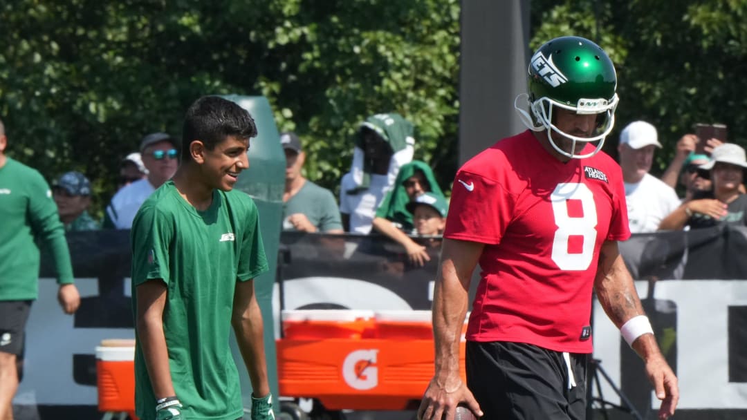 Florham Park, NJ -- July 27, 2024 -- Quarterback, Aaron Rodgers during the New York Jets training camp this morning.