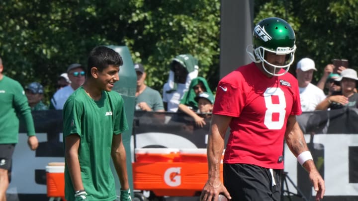 Florham Park, NJ -- July 27, 2024 -- Quarterback, Aaron Rodgers during the New York Jets training camp this morning.