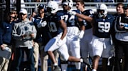 Penn State running back Nick Singleton (10) runs down the sideline in the first half of an NCAA football game against Ohio State, Saturday, Nov. 2, 2024, in State College, Pa.