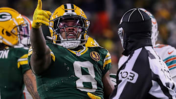 Green Bay Packers running back Josh Jacobs (8) signals for a first down at the end of a run against the Miami Dolphins on Thursday, November 28, 2024, at Lambeau Field in Green Bay, Wis. The Packers won the game, 30-17.
Tork Mason/USA TODAY NETWORK-Wisconsin