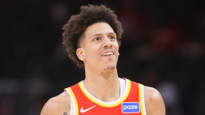 Atlanta Hawks forward Jalen Johnson (1) reacts after a shot against the Milwaukee Bucks in the first quarter at State Farm Arena on March 14, 2026. 