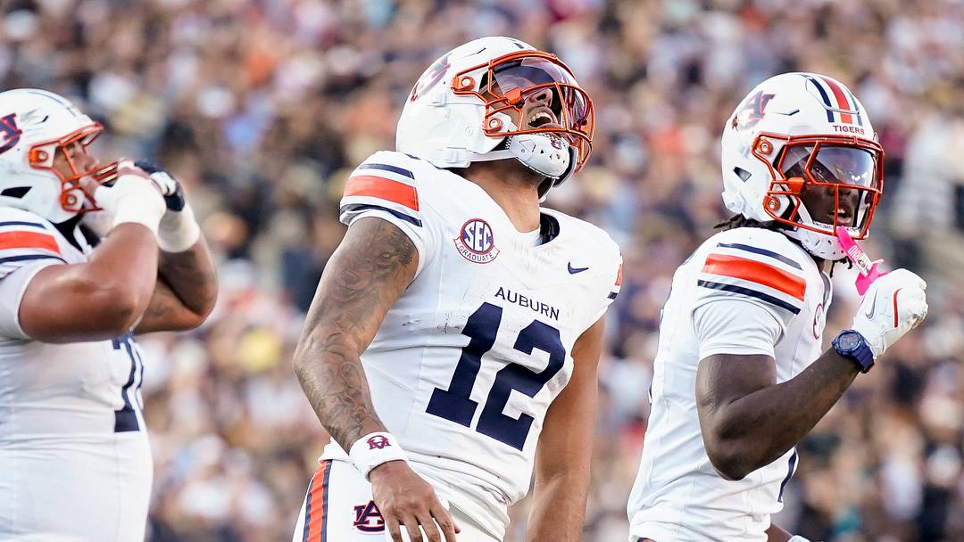 Auburn quarterback Ashton Daniels (12) celebrates his touchdown against Vanderbilt during the second quarter at FirstBank Stadium in Nashville, Tenn., Saturday, Nov. 8, 2025. Auburn quarterback Ashton Daniels (12) celebrates his touchdown against Vanderbilt during the second quarter at FirstBank Stadium in Nashville, Tenn., Saturday, Nov. 8, 2025.
