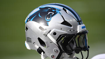 Dec 8, 2024; Philadelphia, Pennsylvania, USA; Carolina Panthers helmet rests on the bench against the Philadelphia Eagles at Lincoln Financial Field. 