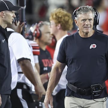 Utah Utes head coach Kyle Whittingham reacts during the second half against the Houston Cougars at TDECU Stadium.