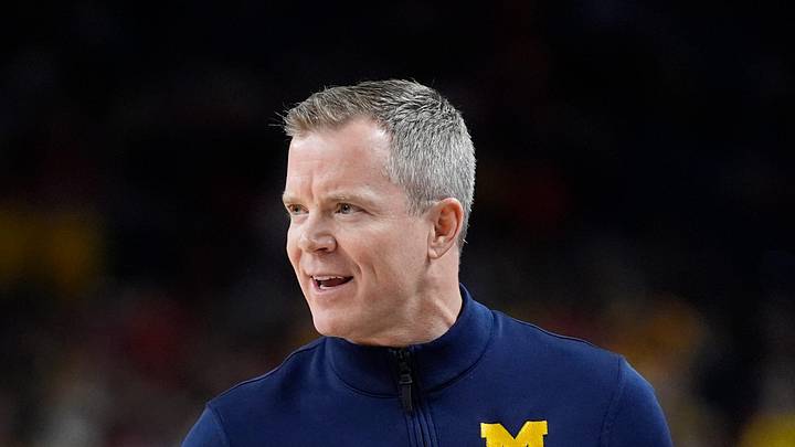 Michigan head coach Dusty May on the sidelines in the first half of the Wolverine’s Final Four game at Lucas Oil Stadium in Indianapolis on Saturday, April 4, 2026.
