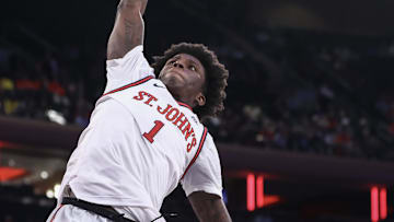 Nov 17, 2024; New York, New York, USA;  St. John's basketball guard Kadary Richmond (1) shoots in the second half against the New Mexico Lobos at Madison Square Garden. Mandatory Credit: Wendell Cruz-Imagn Images