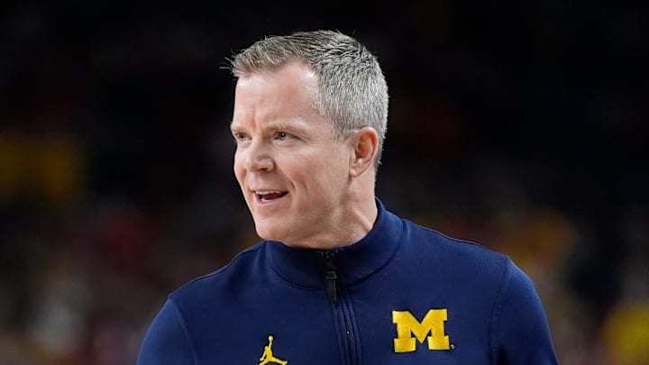 Michigan head coach Dusty May on the sidelines in the first half of the Wolverine’s Final Four game at Lucas Oil Stadium in Indianapolis on Saturday, April 4, 2026.