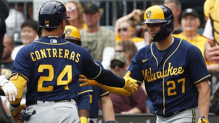 Jul 2, 2023; Pittsburgh, Pennsylvania, USA;  Milwaukee Brewers shortstop Willy Adames (27) greets