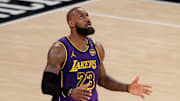 Feb 1, 2025; New York, New York, USA; Los Angeles Lakers forward LeBron James (23) reacts during the fourth quarter against the New York Knicks at Madison Square Garden. Mandatory Credit: Brad Penner-Imagn Images