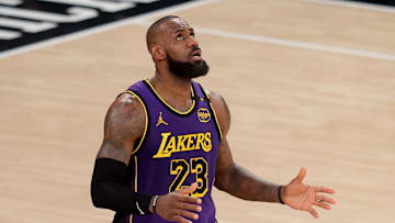 Feb 1, 2025; New York, New York, USA; Los Angeles Lakers forward LeBron James (23) reacts during the fourth quarter against the New York Knicks at Madison Square Garden. Mandatory Credit: Brad Penner-Imagn Images