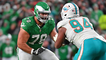 Philadelphia Eagles guard Sua Opeta (78) blocks Miami Dolphins defensive tackle Christian Wilkins (94) at Lincoln Financial Field.