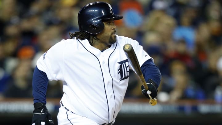 Oct 17, 2013; Detroit, MI, USA; Detroit Tigers first baseman Prince Fielder (28) singles against the Boston Red Sox during the first inning in game five of the American League Championship Series baseball game at Comerica Park.