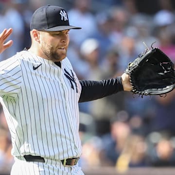 Aug 9, 2025; Bronx, New York, USA;  New York Yankees relief pitcher David Bednar (53) reacts after defeating the Houston Astros 5-4 at Yankee Stadium. Mandatory Credit: Wendell Cruz-Imagn Images