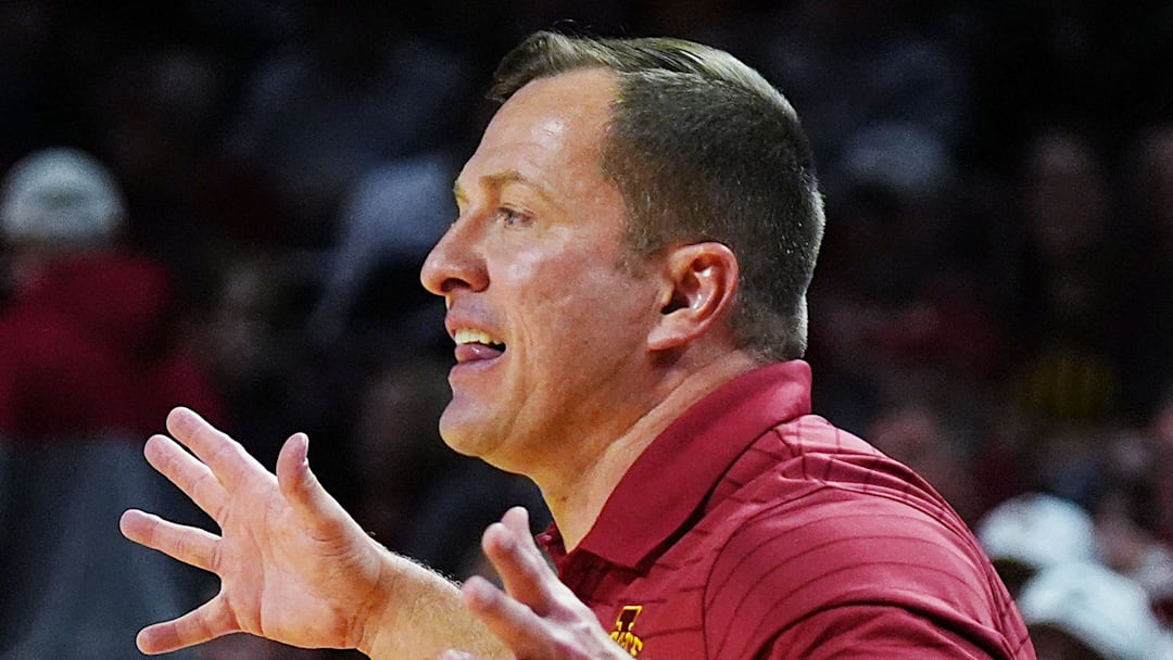 Iowa State Cyclones men's basketball head coach T.J. Otzelberger calls a play during the second half against Oklahoma State in the Big-12 men’s basketball on Jan. 10, 2026, at Hilton Coliseum in Ames, Iowa.