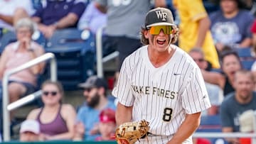 Jun 17, 2023; Omaha, NE, USA; Wake Forest Demon Deacons first baseman Nick Kurtz (8) celebrates after retiring Stanford Cardinal third baseman Tommy Troy (not pictured) to end the game at Charles Schwab Field Omaha. Mandatory Credit: Dylan Widger-Imagn Images