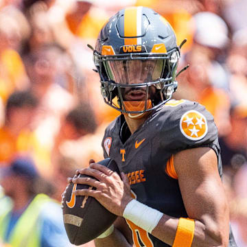 Tennessee quarterback Nico Iamaleava (8) during Tennessee's game against Chattanooga in Neyland Stadium in Knoxville on Saturday, Aug. 31, 2024.