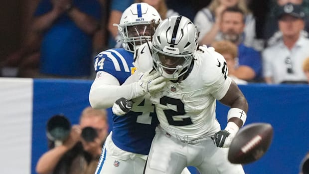  Colts linebacker Zaire Franklin (44) brings down Las Vegas Raiders running back Ashton Jeanty (2)