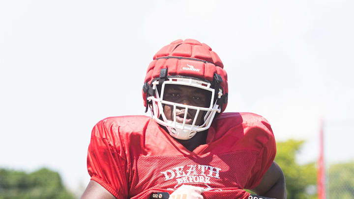 James Johnson, a defensive lineman for the North Fort Myers High School football team practices on Tuesday, Sept. 17, 2024.