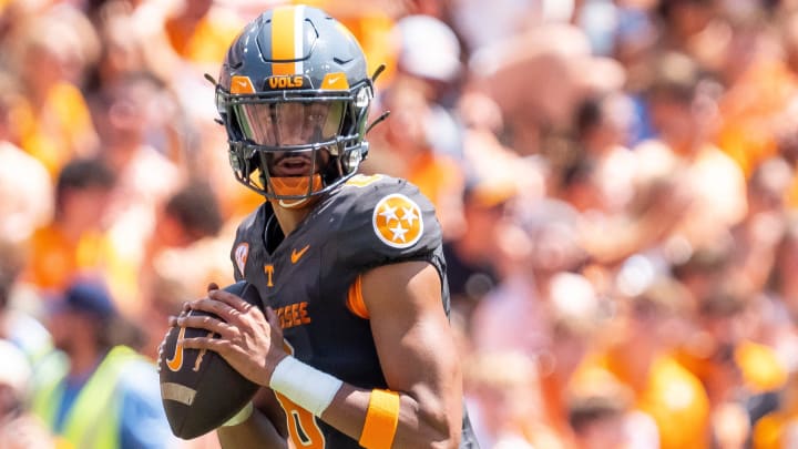 Tennessee quarterback Nico Iamaleava (8) during Tennessee's game against Chattanooga in Neyland Stadium in Knoxville on Saturday, Aug. 31, 2024.