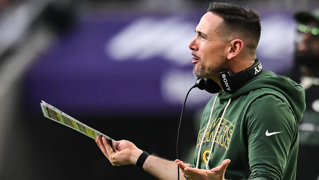 Jan 4, 2026; Minneapolis, Minnesota, USA; Green Bay Packers head coach Matt Lafleur reacts to a play against the Minnesota Vikings during the third quarter at U.S. Bank Stadium. Mandatory Credit: Jeffrey Becker-Imagn Images