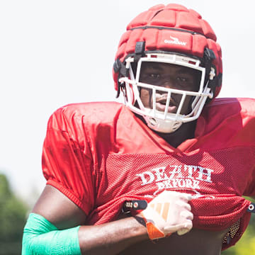 James Johnson, a defensive lineman for the North Fort Myers High School football team practices on Tuesday, Sept. 17, 2024.