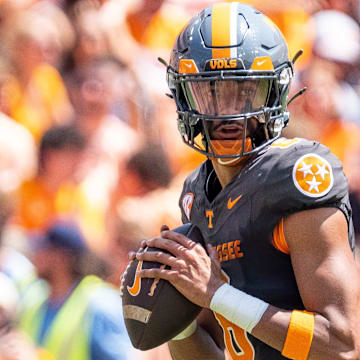 Tennessee quarterback Nico Iamaleava (8) during Tennessee's game against Chattanooga in Neyland Stadium in Knoxville on Saturday, Aug. 31, 2024.