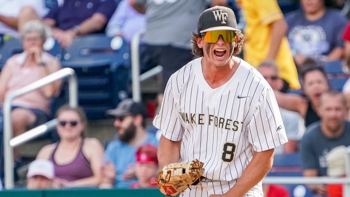 Jun 17, 2023; Omaha, NE, USA; Wake Forest Demon Deacons first baseman Nick Kurtz (8) celebrates after retiring Stanford Cardinal third baseman Tommy Troy (not pictured) to end the game at Charles Schwab Field Omaha. Mandatory Credit: Dylan Widger-USA TODAY Sports