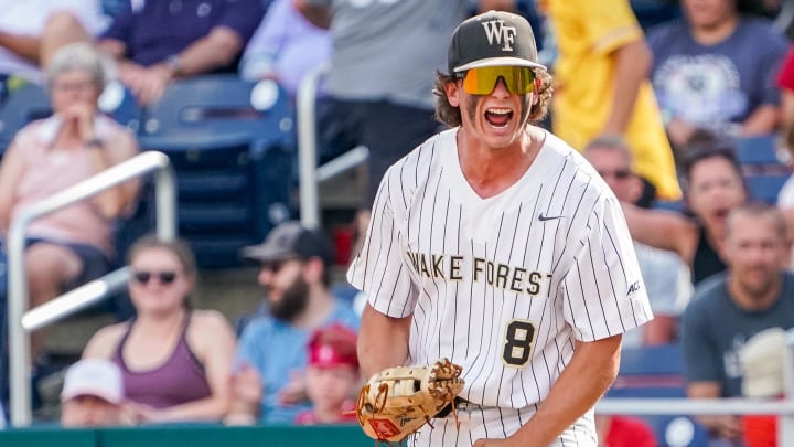 Jun 17, 2023; Omaha, NE, USA; Wake Forest Demon Deacons first baseman Nick Kurtz (8) celebrates after retiring Stanford Cardinal third baseman Tommy Troy (not pictured) to end the game at Charles Schwab Field Omaha. Mandatory Credit: Dylan Widger-USA TODAY Sports