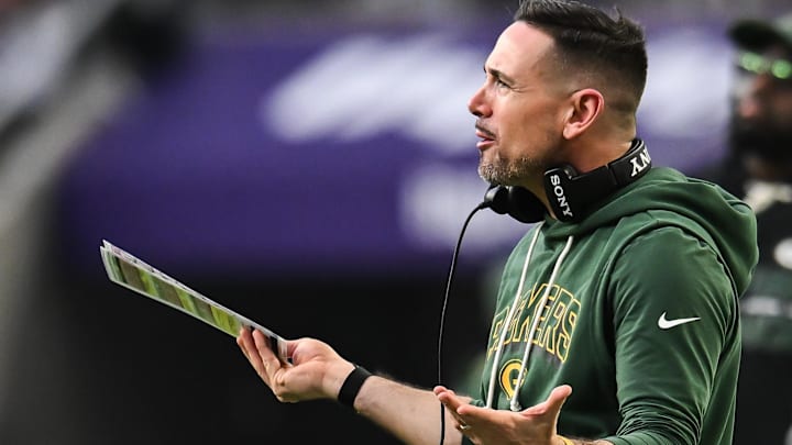 Jan 4, 2026; Minneapolis, Minnesota, USA; Green Bay Packers head coach Matt Lafleur reacts to a play against the Minnesota Vikings during the third quarter at U.S. Bank Stadium.