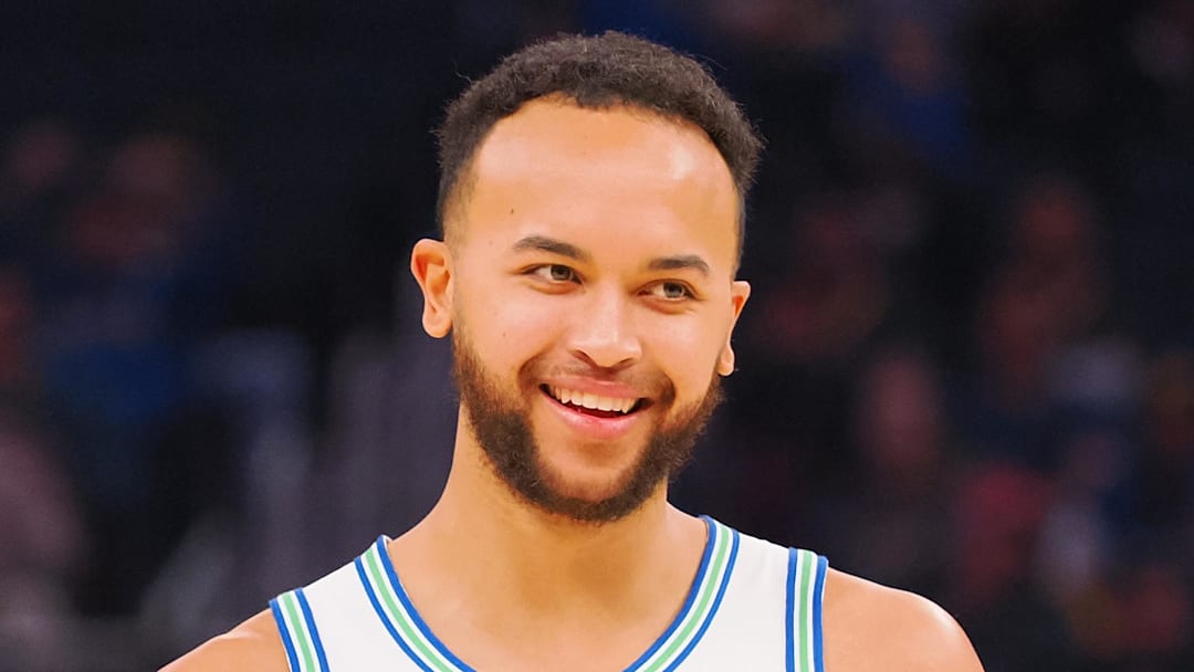 Nov 12, 2023; San Francisco, California, USA; Minnesota Timberwolves forward Kyle Anderson (1) smiles between plays against the Golden State Warriors during the first quarter at Chase Center. Mandatory Credit: Kelley L Cox-Imagn Images