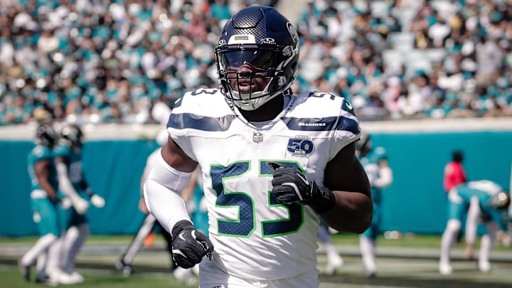 Oct 12, 2025; Jacksonville, Florida, USA;Seattle Seahawks linebacker Boye Mafe (53) runs off the field during the game against the Jacksonville Jaguars at EverBank Stadium. Mandatory Credit: Travis Register-Imagn Images