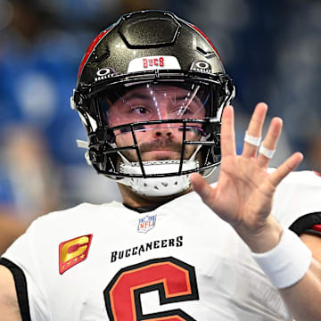 Sep 15, 2024; Detroit, Michigan, USA;  Tampa Bay Buccaneers quarterback Baker Mayfield (6) warms up before their game against the Detroit Lions at Ford Field. Mandatory Credit: Eamon Horwedel-Imagn Images