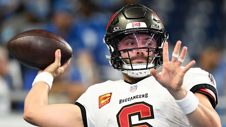 Sep 15, 2024; Detroit, Michigan, USA;  Tampa Bay Buccaneers quarterback Baker Mayfield (6) warms up before their game against the Detroit Lions at Ford Field. Mandatory Credit: Eamon Horwedel-Imagn Images