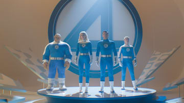 (L-R): Ebon Moss-Bachrach as Ben Grimm/The Thing, Vanessa Kirby as Sue Storm/Invisible Woman, Pedro Pascal as Reed Richards/Mister Fantastic and Joseph Quinn as Johnny Storm/Human Torch in 20th Century Studios/Marvel Studios' FANTASTIC FOUR: FIRST STEPS. Photo courtesy of 20th Century Studios/Marvel Studios. © 2025 20th Century Studios / © and ™ 2025 MARVEL.