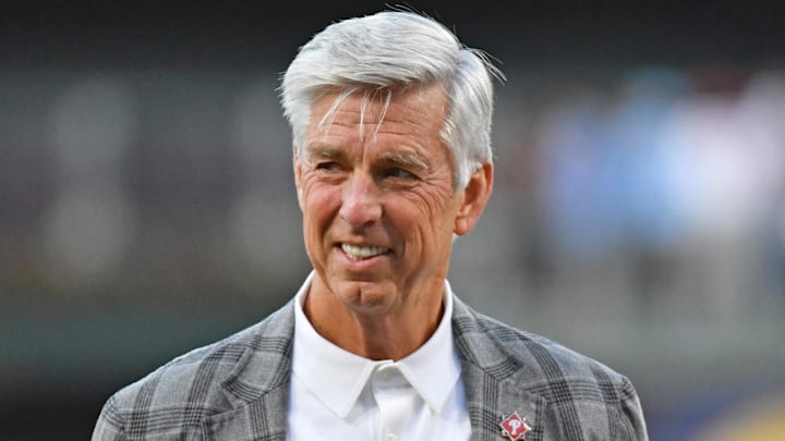 Apr 10, 2023; Philadelphia, Pennsylvania, USA; Philadelphia Phillies President of Baseball Operations Dave Dombrowski before game against the Miami Marlins at Citizens Bank Park Apr 10, 2023; Philadelphia, Pennsylvania, USA; Philadelphia Phillies President of Baseball Operations Dave Dombrowski before game against the Miami Marlins at Citizens Bank Park
