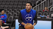 Jan 22, 2025; Atlanta, Georgia, USA; Detroit Pistons forward Tobias Harris (12) warms up on the court prior to the game against the Atlanta Hawks at State Farm Arena. Mandatory Credit: Dale Zanine-Imagn Images