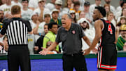 Houston coach Kelvin Sampson (center) and guard LJ Cryer (right) react to a call during the Cougars' win at Baylor on March 8, 2025.