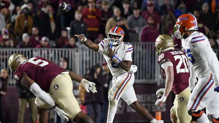 Nov 30, 2024; Tallahassee, Florida, USA; Florida Gators quarterback DJ Lagway (2) passes the ball during the first half of the game against the Florida State Seminoles at Doak S. Campbell Stadium. Mandatory Credit: Melina Myers-Imagn Images